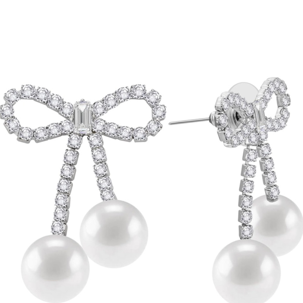 Crystal bow pearl dangle earrings nwt